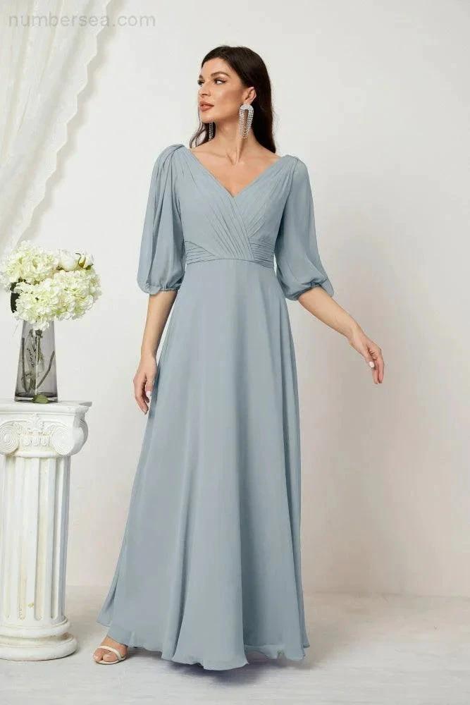 Numbersea Formal Prom Gown Women V-Neck Chiffon Bridesmaid Dresses Long Bishop Sleeve Party Dress 2807 by numbersea