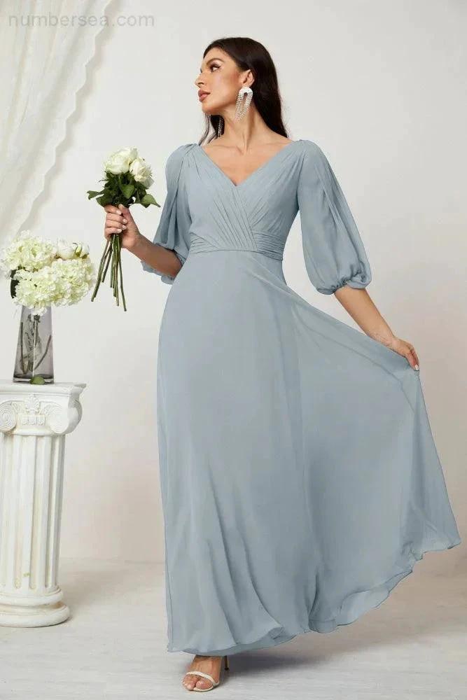 Numbersea Formal Prom Gown Women V-Neck Chiffon Bridesmaid Dresses Long Bishop Sleeve Party Dress 2807 by numbersea