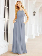 Numbersea Halter Bridesmaid Dresses with Pockets Sleeveless Formal Evening Party Prom Gowns 28055 by numbersea