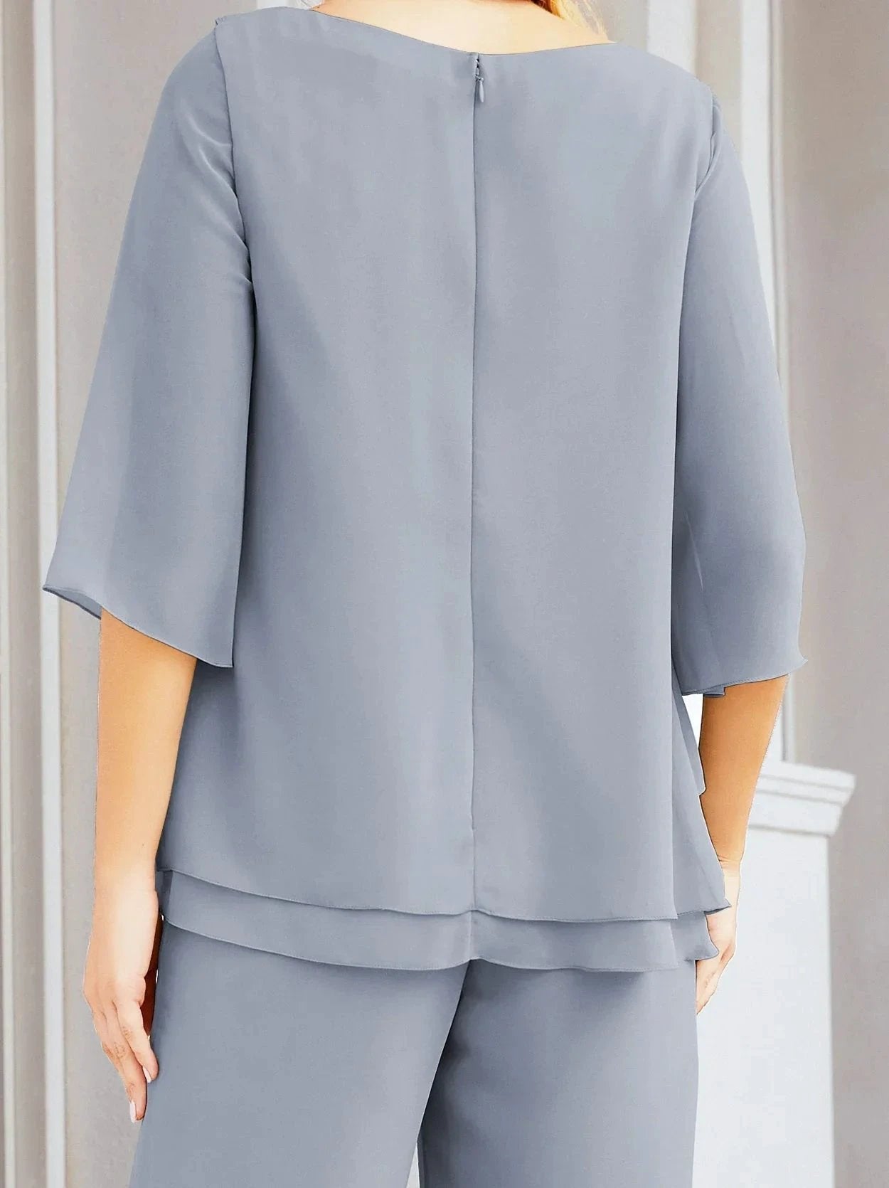Sunnderly Elegant 2 Piece Mother of The Bride Dress Plus Size Pant Suits Ruffle Layers Sliver Housecoat SY28064 by numbersea