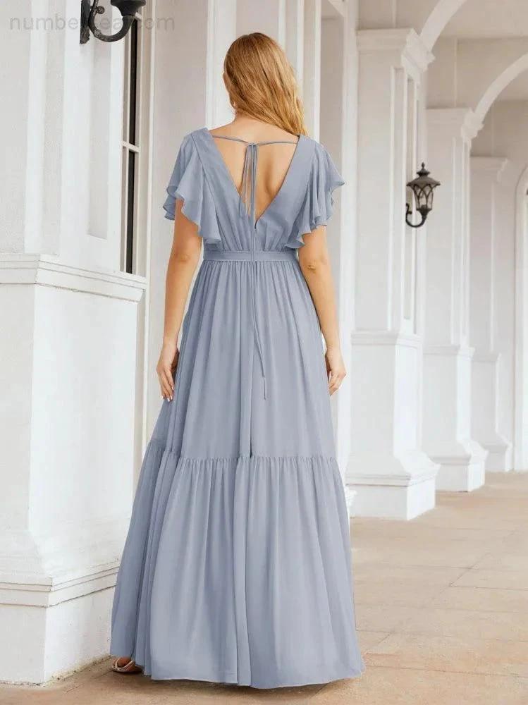 Numbersea Women's Open Back Formal Evening Party Prom Gowns V-Neck Long Chiffon Bridesmaid Dresses with Waist Belt 28038 by numbersea