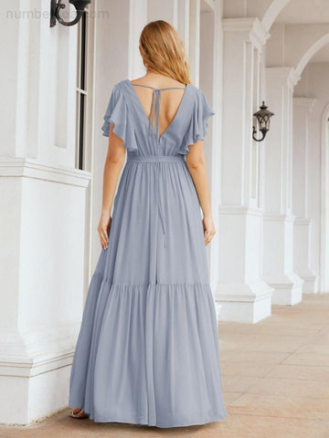 Numbersea Women's Open Back Formal Evening Party Prom Gowns V-Neck Long Chiffon Bridesmaid Dresses with Waist Belt 28038