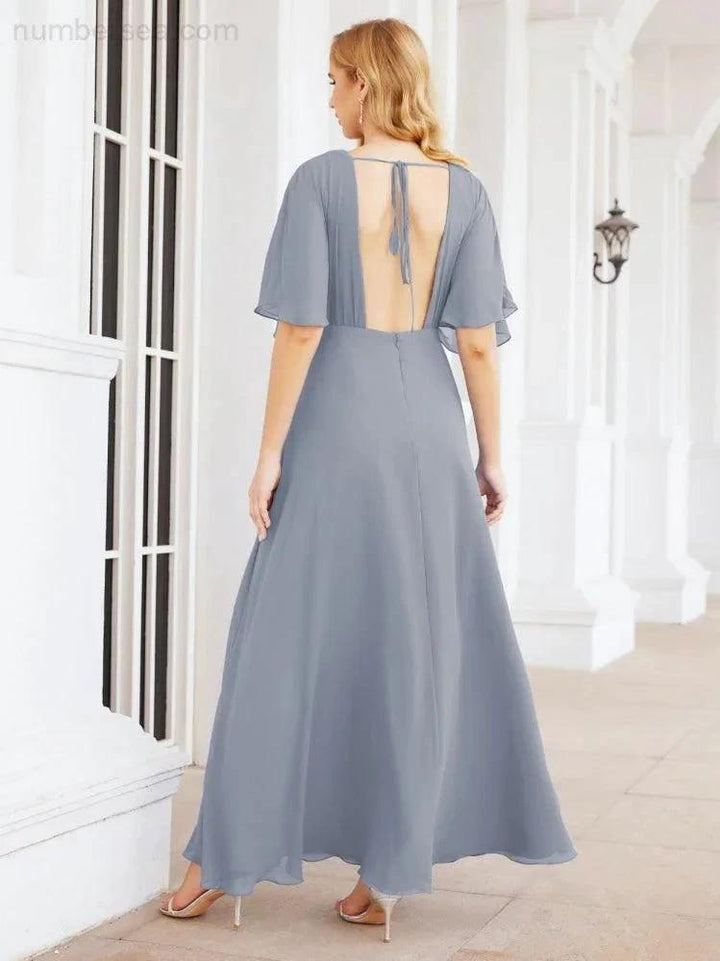 Numbersea V-Neck Bridesmaid Dress Chiffon Long Open Back Formal Dresses for Women Party Evening 28067 by numbersea