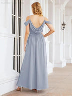 Numbersea Off The Shoulder Chiffon Bridesmaid Dress Long Formal Graduation Gown with Cowl Back 28069 by numbersea