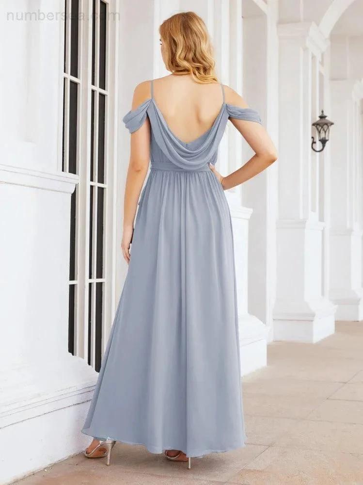 Numbersea Off The Shoulder Chiffon Bridesmaid Dress Long Formal Graduation Gown with Cowl Back 28069 by numbersea