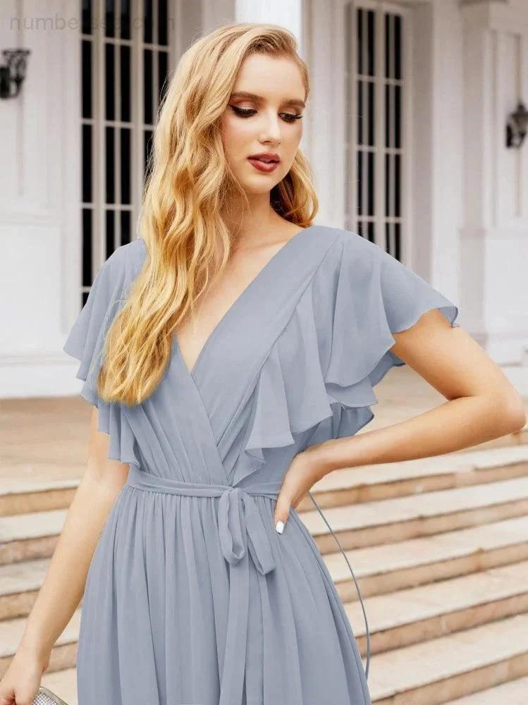 Numbersea Women's Open Back Formal Evening Party Prom Gowns V-Neck Long Chiffon Bridesmaid Dresses with Waist Belt 28038 by numbersea