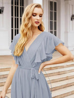 Numbersea Women's Open Back Formal Evening Party Prom Gowns V-Neck Long Chiffon Bridesmaid Dresses with Waist Belt 28038 by numbersea
