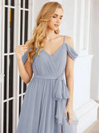 Numbersea Off The Shoulder Chiffon Bridesmaid Dress Long Formal Graduation Gown with Cowl Back 28069 by numbersea