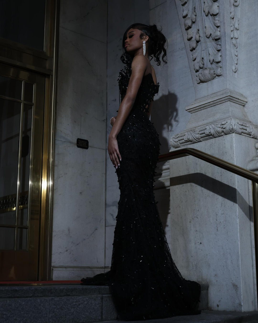 Luxury Black Sequin Mermaid Prom Dress – Illusion Corset Bodice with 3D Beaded Lace &amp; Off-the-Shoulder Detail | 2026 Gothic Glamour Evening Collection