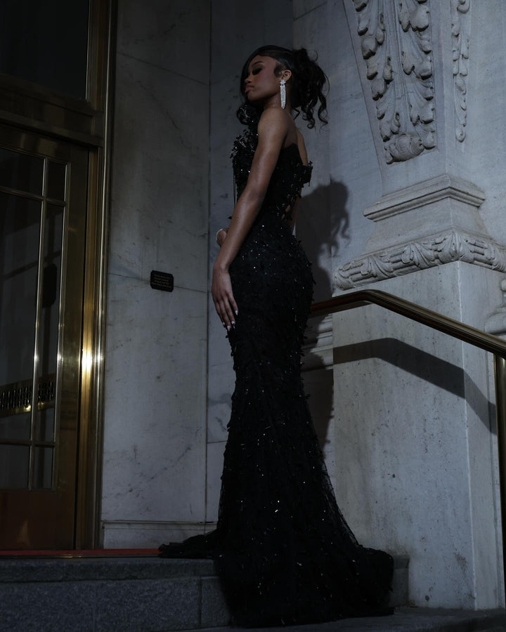 Luxury Black Sequin Mermaid Prom Dress – Illusion Corset Bodice with 3D Beaded Lace &amp; Off-the-Shoulder Detail | 2026 Gothic Glamour Evening Collection
