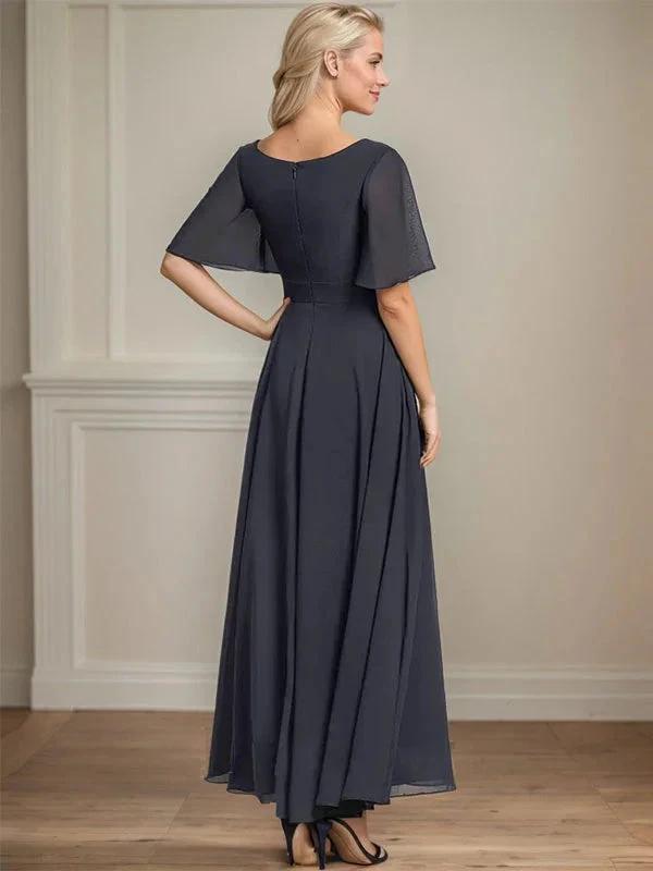 A-line V-Neck Ankle-Length Chiffon Mother of the Bride Dress With Pleated Beading Sequins by Dreamylily