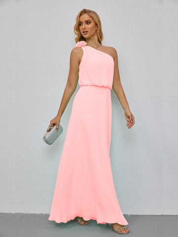 Ruffled One Shoulder Sleeveless Long Bridesmaid Dresses A-line Formal Evening Gown Side Split 28080