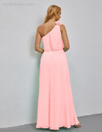 Ruffled One Shoulder Sleeveless Long Bridesmaid Dresses A-line Formal Evening Gown Side Split 28080 by numbersea