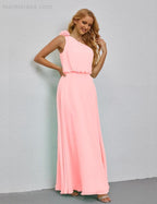 Ruffled One Shoulder Sleeveless Long Bridesmaid Dresses A-line Formal Evening Gown Side Split 28080 by numbersea