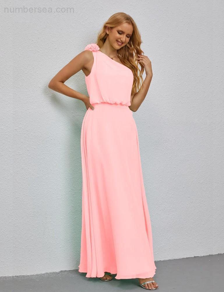 Ruffled One Shoulder Sleeveless Long Bridesmaid Dresses A-line Formal Evening Gown Side Split 28080 by numbersea