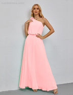 Ruffled One Shoulder Sleeveless Long Bridesmaid Dresses A-line Formal Evening Gown Side Split 28080 by numbersea