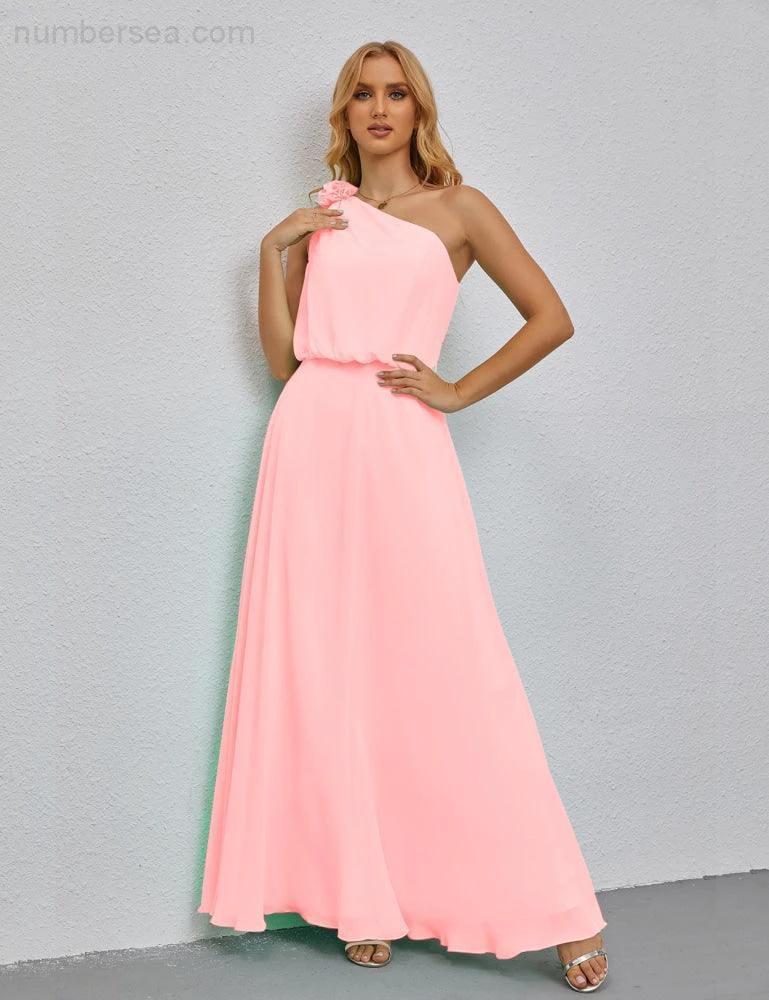 Ruffled One Shoulder Sleeveless Long Bridesmaid Dresses A-line Formal Evening Gown Side Split 28080 by numbersea