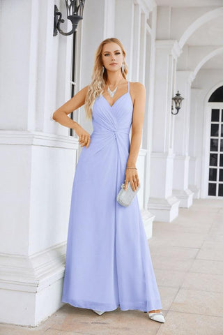 Ladies Chiffon Spaghetti Strap V Neck Front Slit Floor Length Bridesmaid Evening Dress Prom Party Wedding Evening Dress 28116