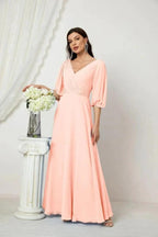 Numbersea Formal Prom Gown Women V-Neck Chiffon Bridesmaid Dresses Long Bishop Sleeve Party Dress 2807 by numbersea
