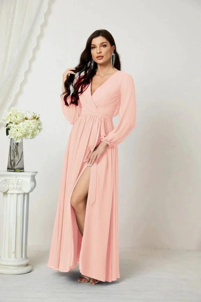 Sunnderly Evening Dresses Deep V-Neck Chiffon Bridesmaid Dresses Long Bishop Sleeve Side Split Formal Dress SY2806 by numbersea