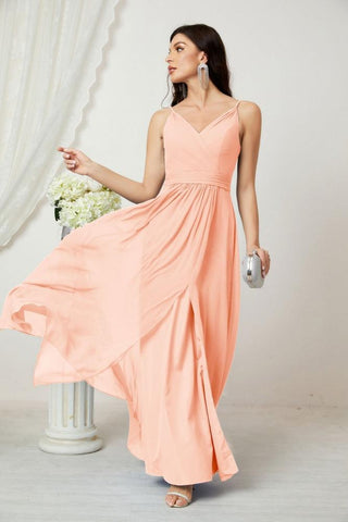 Numbersea Chiffon V-Neck Bridesmaid Dress Spaghetti Strap Long Formal Party Prom Gowns with Slit 28010