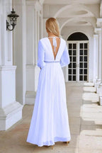 Ladies V Neck Chiffon Long Sleeve Front Slit Bridesmaid Evening Dress Wedding Party Shopping Evening Dress 28109 by numbersea