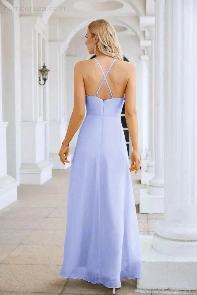 Ladies Chiffon Spaghetti Strap V Neck Front Slit Floor Length Bridesmaid Evening Dress Prom Party Wedding Evening Dress 28116 by numbersea