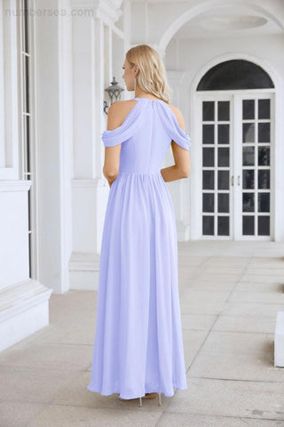 Ladies Chiffon Off Shoulder Swing Sleeve Front Slit Bridesmaid Evening Dress Wedding Party Evening Dress 28117