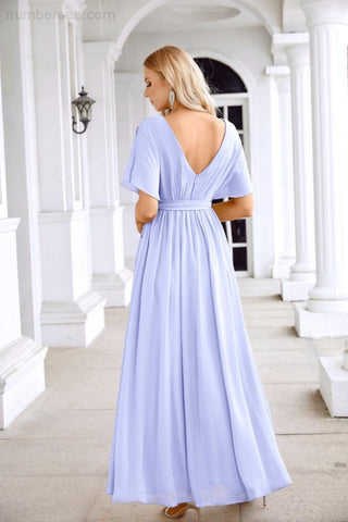Ladies Chiffon Sleeve Crew Neck Front Slit Floor Length Bridesmaid Evening Dress Wedding Party Evening Dress 28124