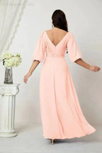 Numbersea Formal Prom Gown Women V-Neck Chiffon Bridesmaid Dresses Long Bishop Sleeve Party Dress 2807 by numbersea