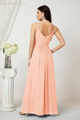 Numbersea Chiffon V-Neck Bridesmaid Dress Spaghetti Strap Long Formal Party Prom Gowns with Slit 28010