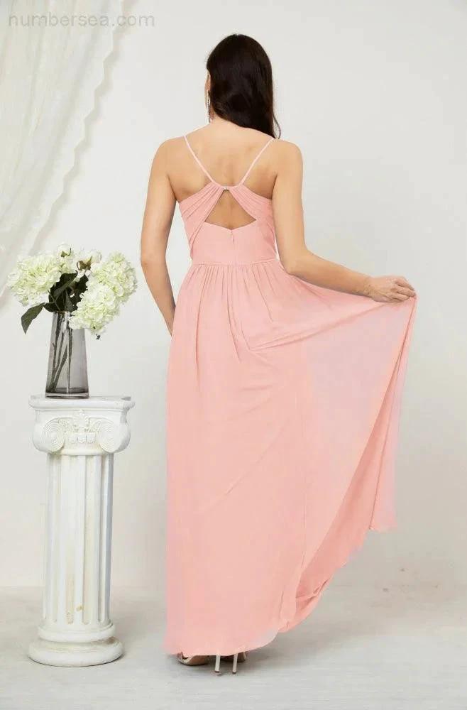 Numbersea Neck Bridesmaid Dresses Chiffon Long Spaghetti A-line Formal Prom Gown for Wedding Party Evening 2801 by numbersea