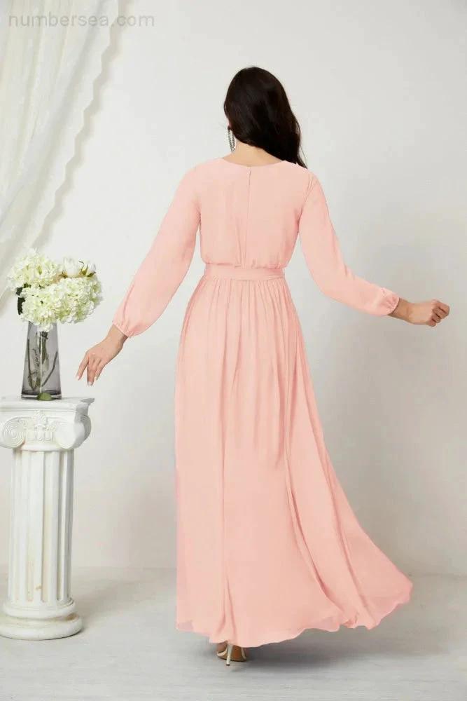 Sunnderly Evening Dresses Deep V-Neck Chiffon Bridesmaid Dresses Long Bishop Sleeve Side Split Formal Dress SY2806 by numbersea