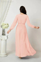 Sunnderly Evening Dresses Deep V-Neck Chiffon Bridesmaid Dresses Long Bishop Sleeve Side Split Formal Dress SY2806 by numbersea