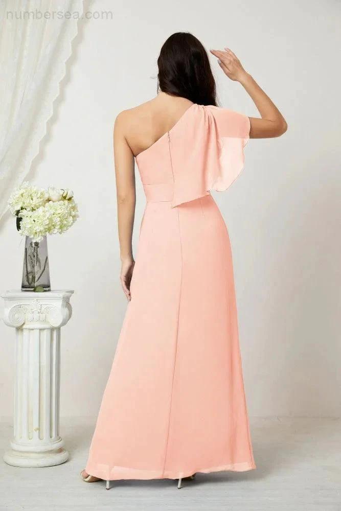 Numbersea Chiffon Ruffled One Shoulder Long Bridesmaid Dresses A-line Formal Evening Gown Side Split 2809 by numbersea