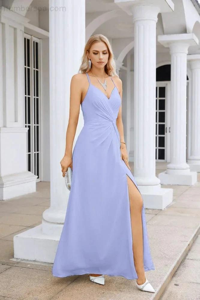 Ladies Chiffon Spaghetti Strap V Neck Front Slit Floor Length Bridesmaid Evening Dress Prom Party Wedding Evening Dress 28116 by numbersea
