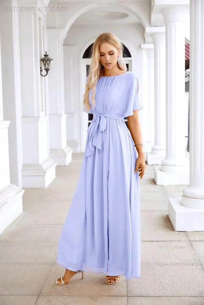 Ladies Chiffon Sleeve Crew Neck Front Slit Floor Length Bridesmaid Evening Dress Wedding Party Evening Dress 28124 by numbersea