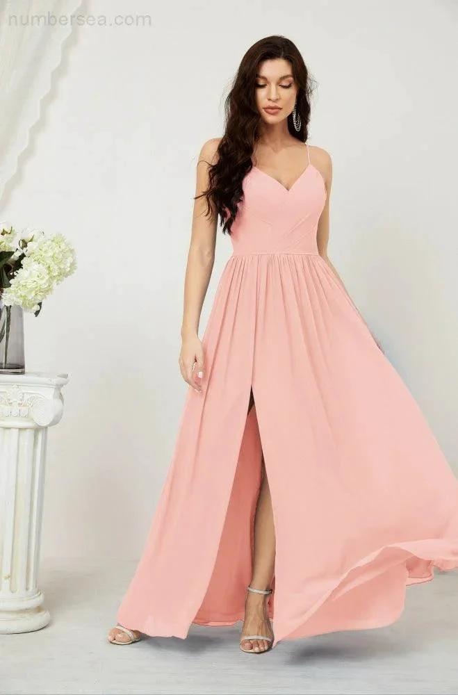 Numbersea Neck Bridesmaid Dresses Chiffon Long Spaghetti A-line Formal Prom Gown for Wedding Party Evening 2801 by numbersea