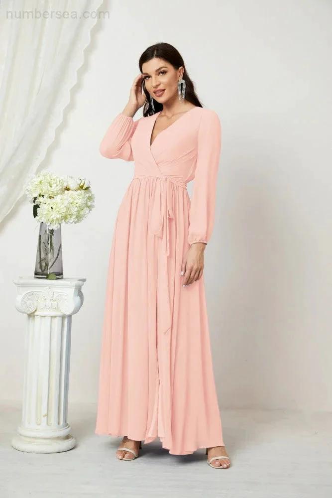 Sunnderly Evening Dresses Deep V-Neck Chiffon Bridesmaid Dresses Long Bishop Sleeve Side Split Formal Dress SY2806 by numbersea