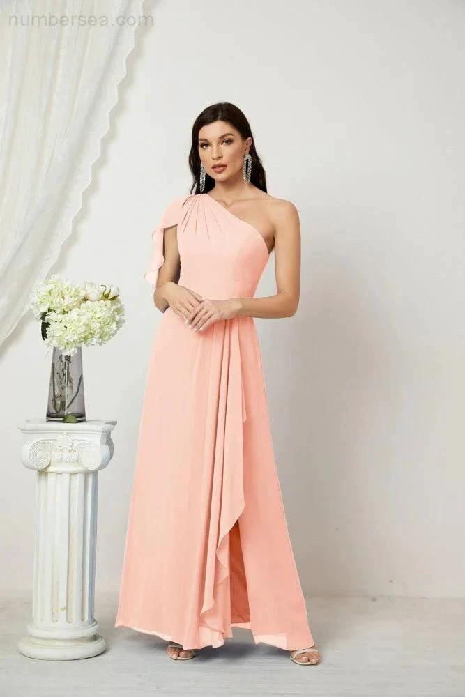 Numbersea Chiffon Ruffled One Shoulder Long Bridesmaid Dresses A-line Formal Evening Gown Side Split 2809 by numbersea