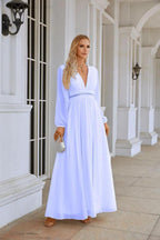 Ladies V Neck Chiffon Long Sleeve Front Slit Bridesmaid Evening Dress Wedding Party Shopping Evening Dress 28109 by numbersea