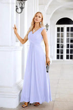 Ladies Chiffon V Neck Sleeveless Floor Length Bridesmaid Evening Dress Wedding Party Evening Dress 28126 by numbersea