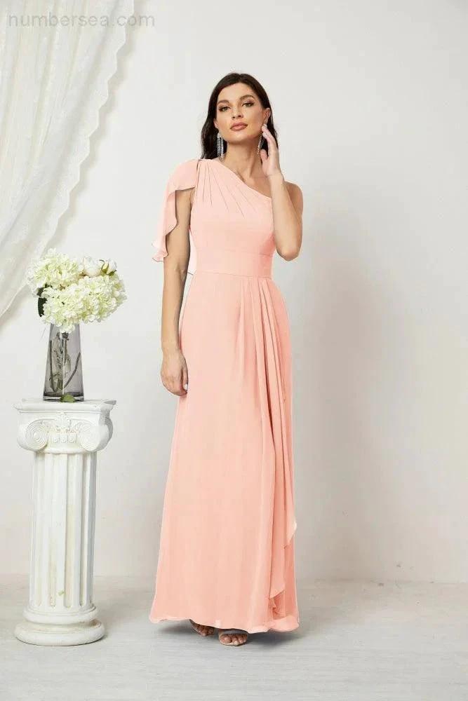 Numbersea Chiffon Ruffled One Shoulder Long Bridesmaid Dresses A-line Formal Evening Gown Side Split 2809 by numbersea