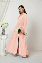 Sunnderly Evening Dresses Deep V-Neck Chiffon Bridesmaid Dresses Long Bishop Sleeve Side Split Formal Dress SY2806 by numbersea