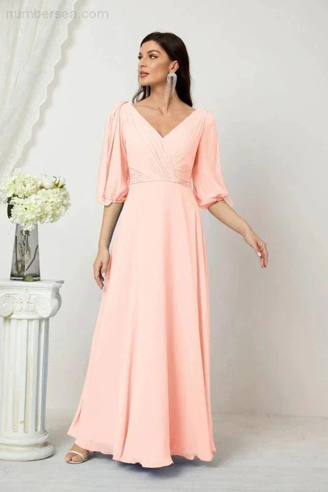 Numbersea Formal Prom Gown Women V-Neck Chiffon Bridesmaid Dresses Long Bishop Sleeve Party Dress 2807 by numbersea