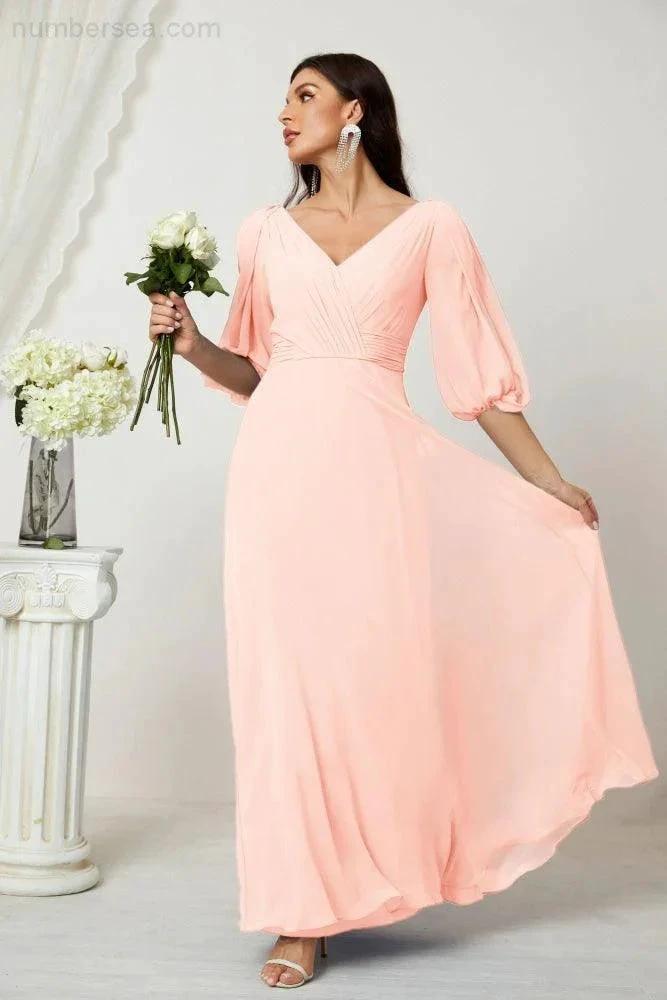 Numbersea Formal Prom Gown Women V-Neck Chiffon Bridesmaid Dresses Long Bishop Sleeve Party Dress 2807 by numbersea