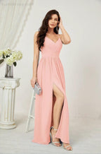 Numbersea Neck Bridesmaid Dresses Chiffon Long Spaghetti A-line Formal Prom Gown for Wedding Party Evening 2801 by numbersea