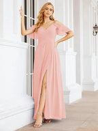 Numbersea Cold Shoulder Long Bridesmaid Dresses Side Slit Formal Prom Gowns Party Wedding 28070 by numbersea