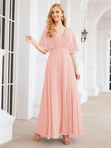 Numbersea V-Neck Bridesmaid Dress Chiffon Long Open Back Formal Dresses for Women Party Evening 28067