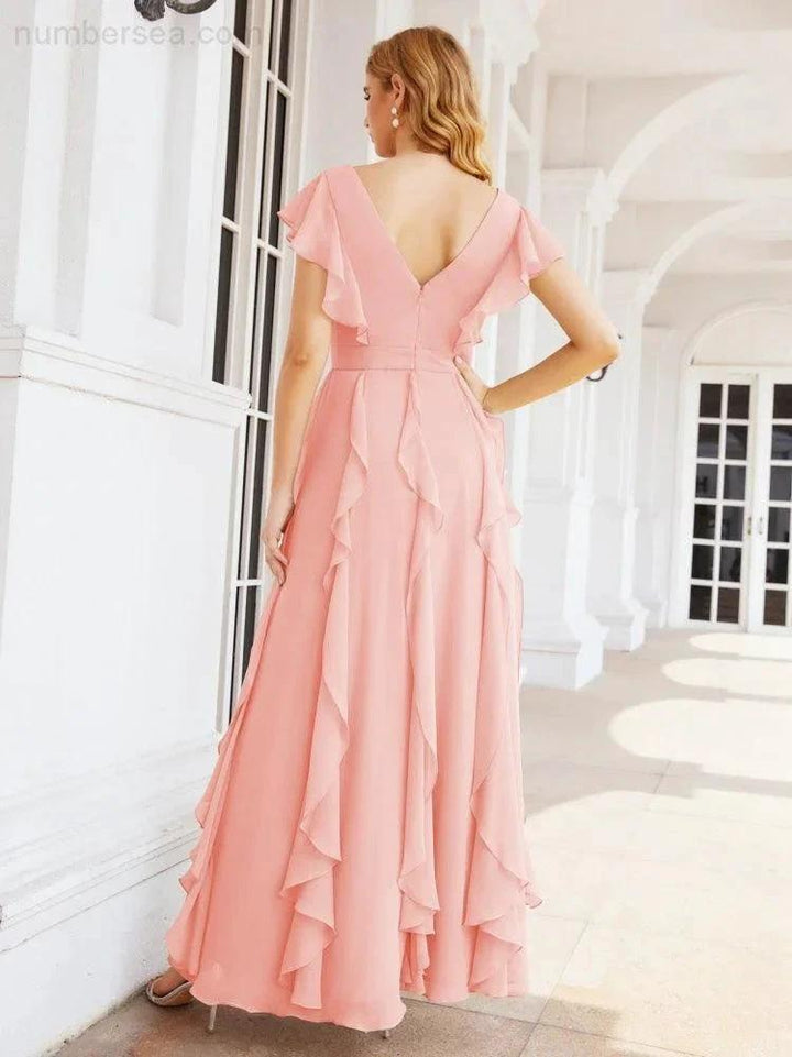 Ruffled Bridesmaid Dresses with Sleeves Long Formal Party Dress 28041 by numbersea